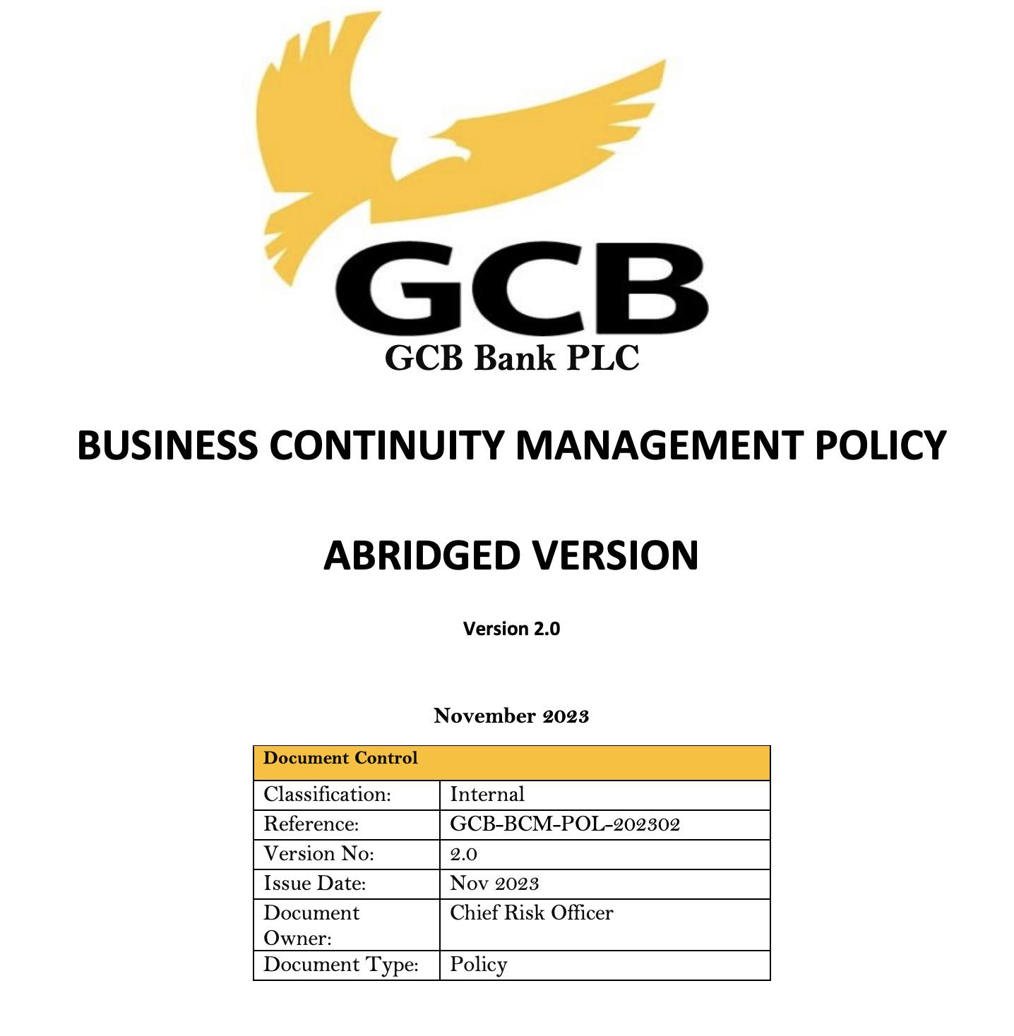 GCB Business Continuity Management Policy Abridged Version
